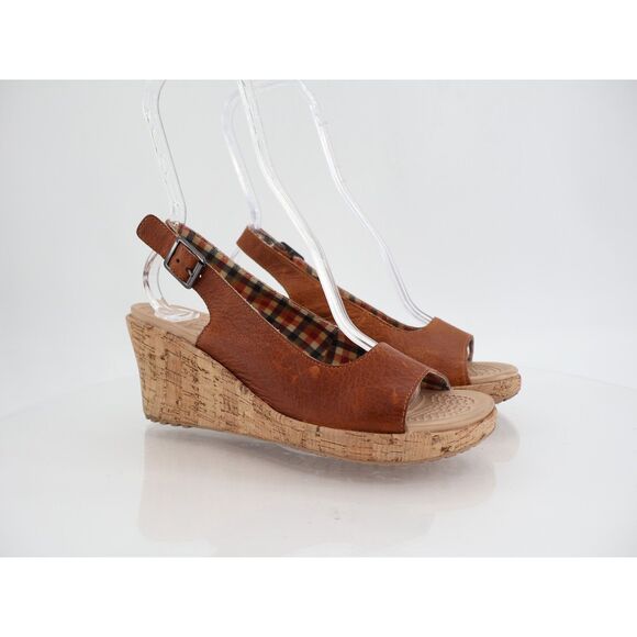 Crocs Women's A-Leigh Sandal Size 8 Cork Wedge Platform Brown Leather Shoe - Picture 1 of 10